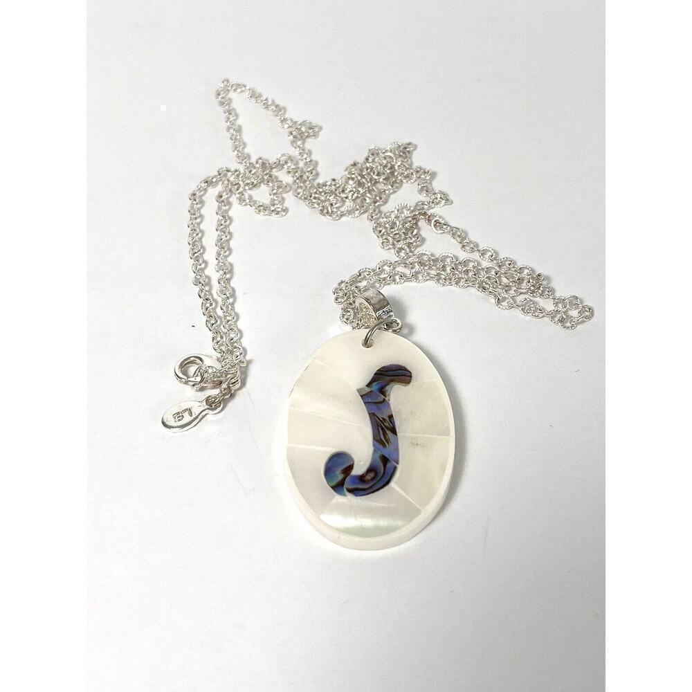 Lee Sands J Pendant Necklace Silver Tone Mother Of Pearl Shell Mosaic 30”